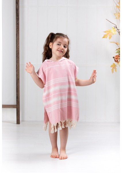 Pamuklu Peştemal Panço, Banyo ve Plaj Için Çocuk Bornozu Pembe