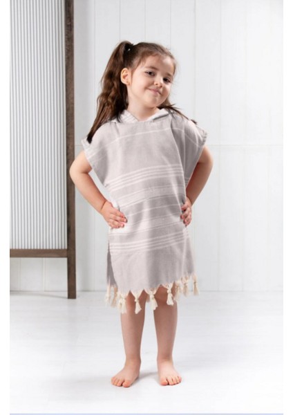 Pamuklu Peştemal Panço, Banyo ve Plaj Için Çocuk Bornozu Pembe