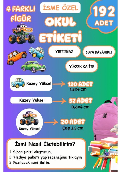 Isme Özel Okul Etiketi Kalem/defter/matara Etiketi Sticker Taşıtlar/araçlar/arabalar Temalı 192 Adet