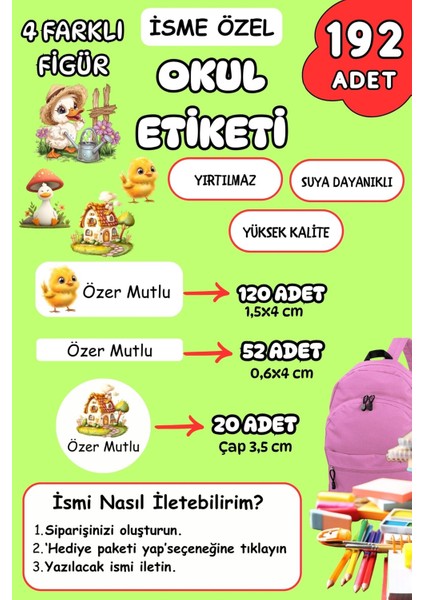 Isme Özel Okul Etiketi Kalem/defter/matara Etiketi Sticker Sevimli Karakterler Temalı 192 Adet