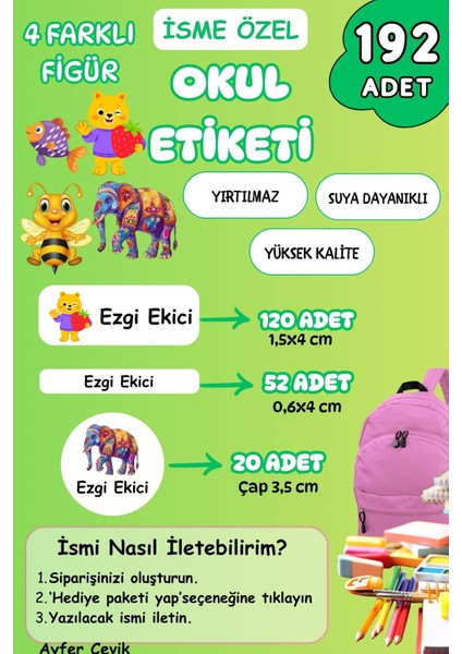 Isme Özel Okul Etiketi Kalem/defter/matara Etiketi Sticker Arı, Balık, Fil , Ayı Temalı 192 Adet