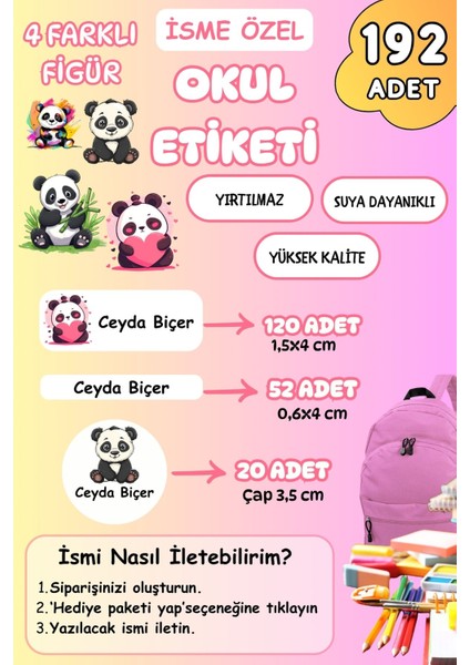 Isme Özel Okul Etiketi Kalem/defter/matara Etiketi Sticker Panda Temalı 192 Adet