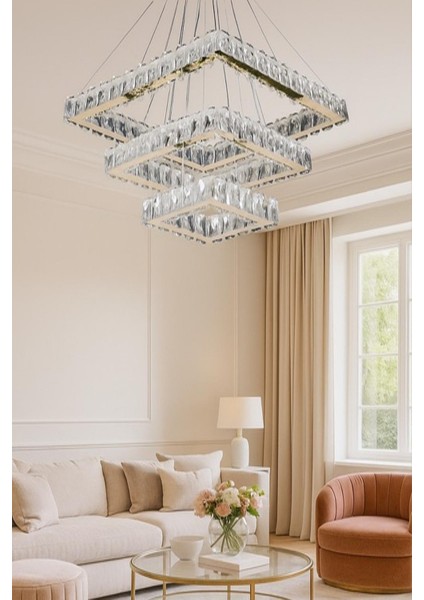 Venüs 3 Katlı Kristal Taşlı Gold Avize - Uzaktan Kumandalı - Yatak Odası - Hol - Salon