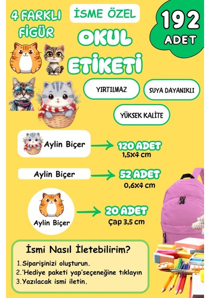 Isme Özel Okul Etiketi Kalem/defter/matara Etiketi Sticker Kedi/cat Temalı 192 Adet