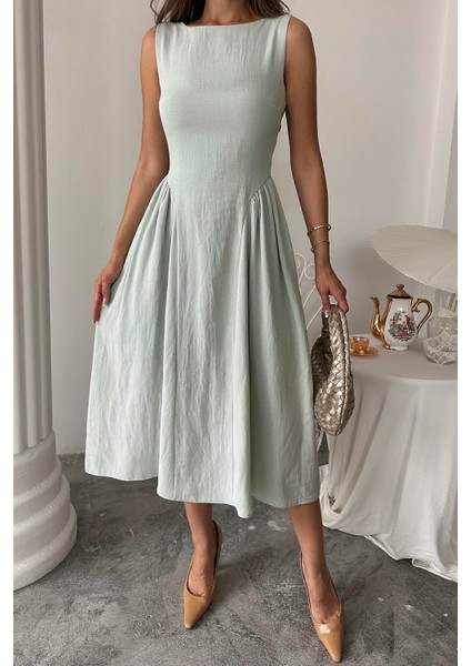 Ekru Fit Flare Korsajlı Elbise