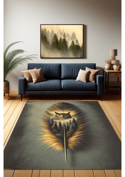 Baykuş Desenli Halı Kuş Tüyü Desenli Puslu Orman Temalı Halı Vahşi Doğa Temalı Diital Baskılı Halı Oturma Odası Halısı