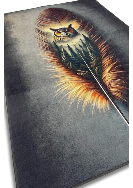 Baykuş Desenli Halı Kuş Tüyü Desenli Puslu Orman Temalı Halı Vahşi Doğa Temalı Diital Baskılı Halı Oturma Odası Halısı fırsatları