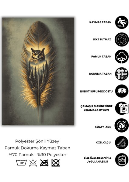 Baykuş Desenli Halı Kuş Tüyü Desenli Puslu Orman Temalı Halı Vahşi Doğa Temalı Diital Baskılı Halı Oturma Odası Halısı