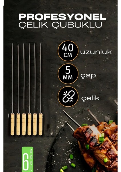 Çelik Şiş Çubuğu - Mangal Şişi Ahşap Saplı Kebap Şişi 6 Adet 721985 modelleri