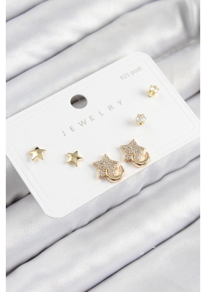 Pirinç Zirkon Taşlı Yıldız Model Gold Renk 925 Ayar Gümüş Çivi Kadın Küpe Set