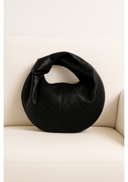 Luna Siyah Örgü Desenli Deri Hobo Çanta – Fermuarlı Lüks Tasarım modelleri