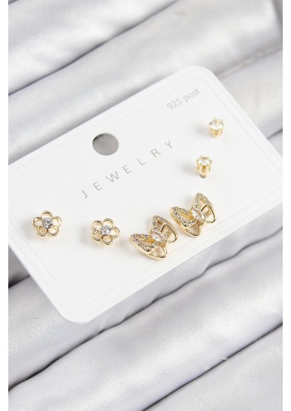 Pirinç Zirkon Taşlı Kelebek Model Gold Renk 925 Ayar Gümüş Çivi Kadın Küpe Set