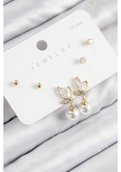 Pirinç Zirkon Taşlı Inci Sallantılı Damla Model Gold Renk 925 Ayar Gümüş Çivi Kadın Küpe Set