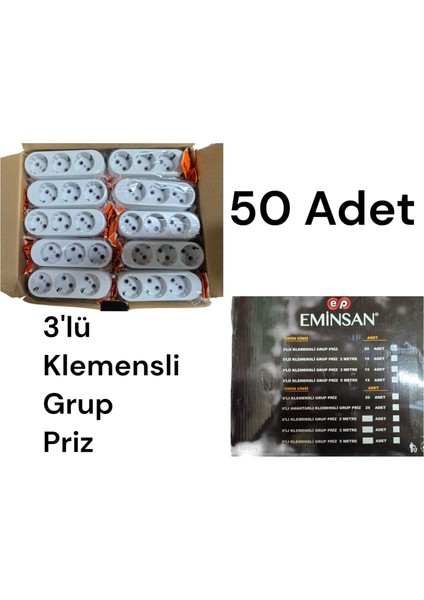 3lü Topraklı Grup Priz Kablosuz Klemensli 50 Adet fiyatları