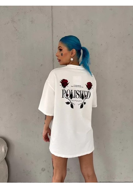 Unisex Bisiklet Yaka Baskılı Oversize T-Shirt - Beyaz fırsatları