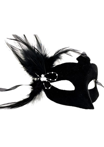 Siyah Renk Yandan Tüylü Süet Kaplama Beyaz Incili Parti Maskesi 18X15 cm fiyatları