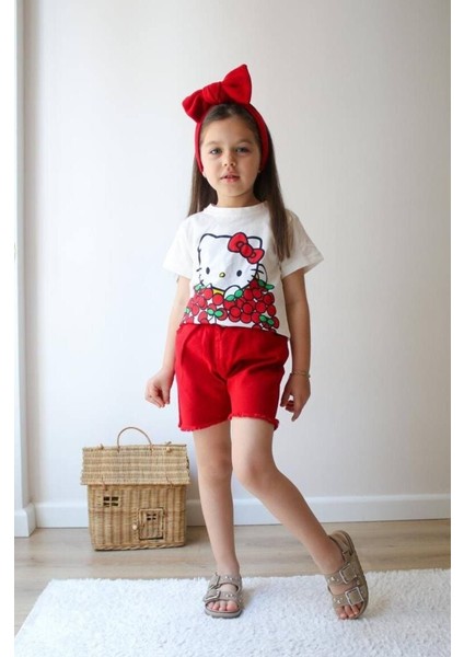 Karakter Baskılı Denim Şortlu Takım Kırmızı - 7-8 Yaş