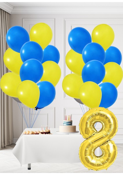 8 Yaş Sarı Lacivert Taraftar Temalı Doğum Günü Seti Sarı Lacivert Balonlar Altın Folyo Rakam
