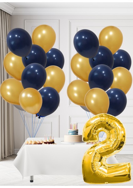 2 Yaş Sarı Lacivert Taraftar Temalı Doğum Günü Seti Altın Kozmik Lacivert Balonlar Altın Folyo Rakam