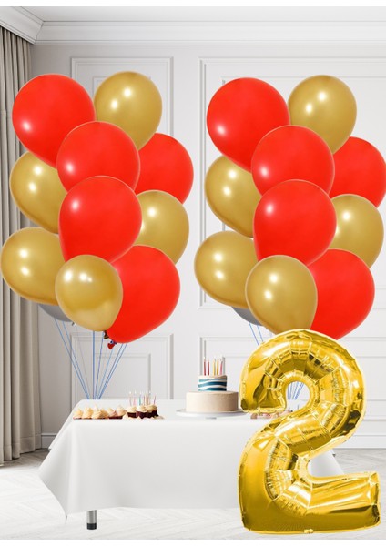 2 Yaş Sarı Kırmızı Taraftar Temalı Doğum Günü Seti Altın Kırmızı Balonlar Altın Folyo Rakam