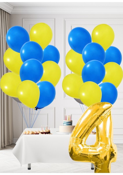 4 Yaş Sarı Lacivert Taraftar Temalı Doğum Günü Seti Sarı Lacivert Balonlar Altın Folyo Rakam