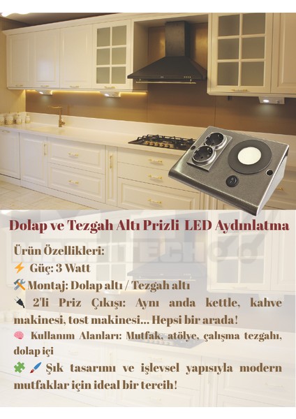 Dolap & Tezgah Altı Prizli Aydınlatma 3 Watt 4000k Günışığı modelleri