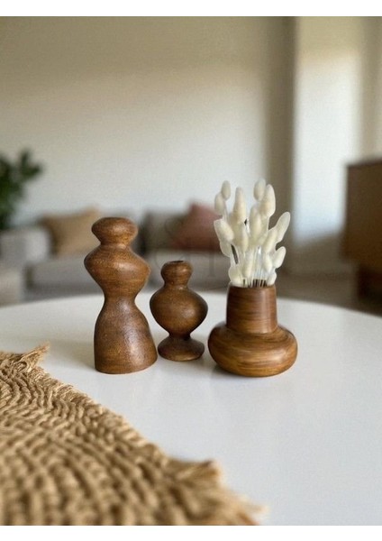 3'lü Ahşap Desenli Hm Bohem Vazo Set, Iskandinav Şamdan ve Saksı Takım
