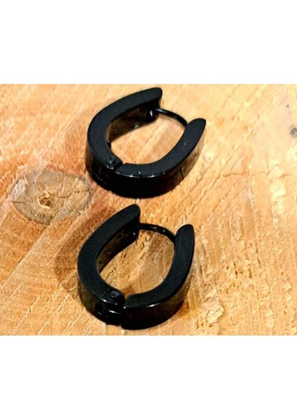 Çelik Çift Yarı Halka Siyah Unisex Küpe