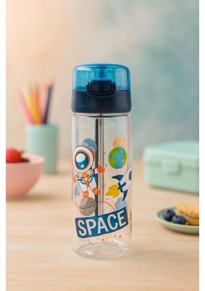 Uzay Desenli Pipetli Matara 500 Ml, Pipetli Matara 500 ml Gıda Ile Temasa Uygun Polikarbon Bpa Free