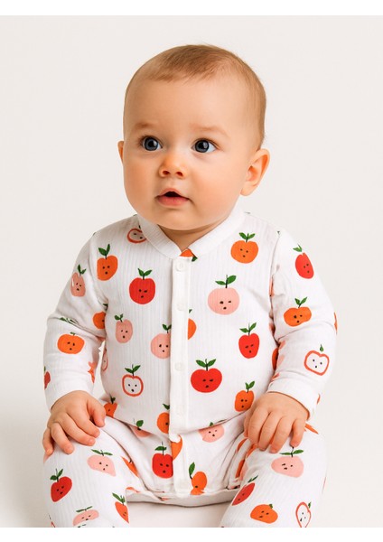 Unisex Kız Bebek Erkek Bebek 1/9 Ay %100 Pamuklu Yenidoğan Hastane Çıkışı Elma Baskılı Manşetli Tulum