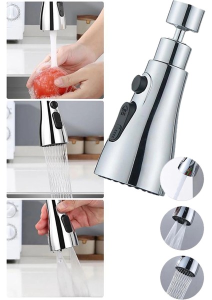 Main Shop 3 Fonksiyonlu Metalik Musluk Başlığı Paslanmaz Metalik Musluk Başlığı Oynar Başlıklı M-118