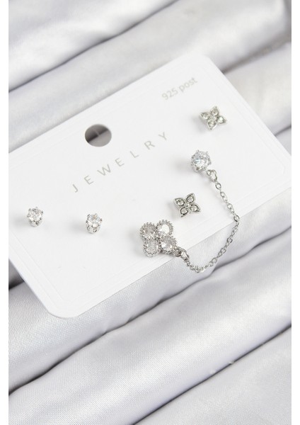 Pirinç Zirkon Taşlı Yonca Model Gümüş Renk 925 Ayar Gümüş Çivi Kadın Küpe Set - TJ-BKP11157