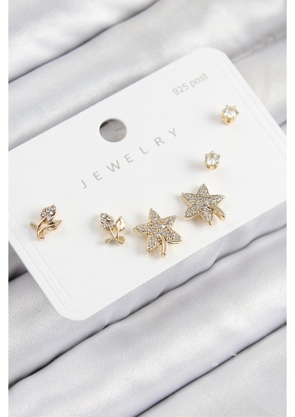 Pirinç Zirkon Taşlı Yıldız ve Gül Model Gold Renk 925 Ayar Gümüş Çivi Kadın Küpe Set - TJ-BKP11180