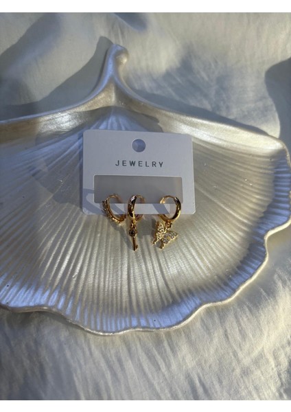 Kelebek Motifli Taşlı Halka Küpe Seti – Zarif modelleri