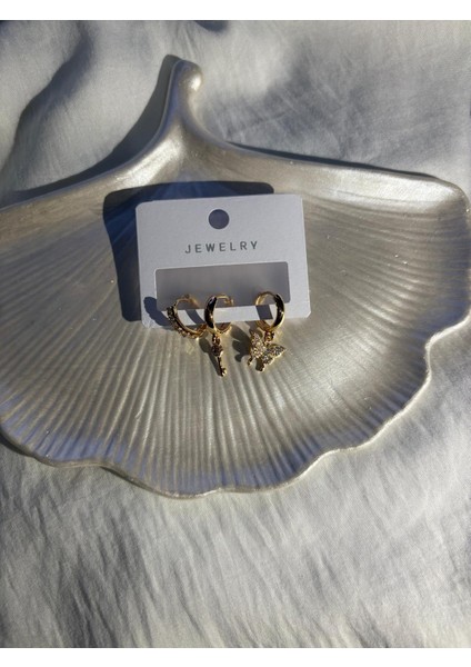 Kelebek Motifli Taşlı Halka Küpe Seti – Zarif fırsatları