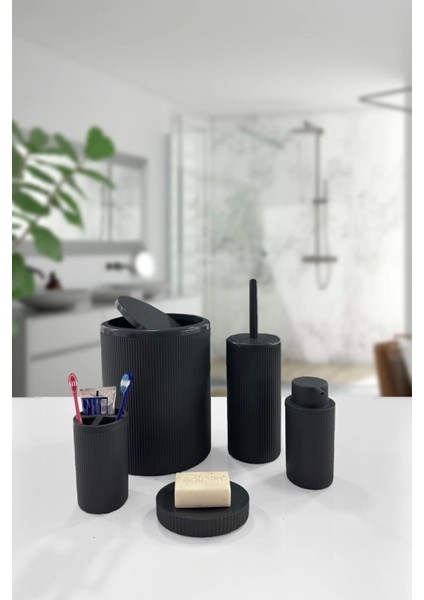 5 Parça Siyah Çizgili Yuvarlak 5'li Eco Banyo Seti Çöp Kovası Tuvalet Fırçası Sabunluk Diş Fırçalık fiyatları