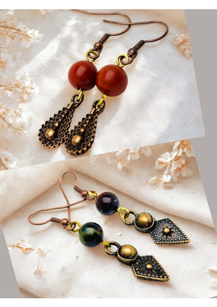 Jasper & Kaplan Gözü Doğal Taşlı 2'li Küpe Seti ,sallantılı Otantik Doğal Taş Kadın Küpesi