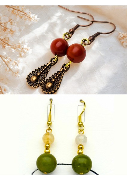 Jasper & Yeşim & Sitrin Doğal Taşlı 2'li Küpe Seti ,sallantılı Otantik Doğal Taş Kadın Küpesi