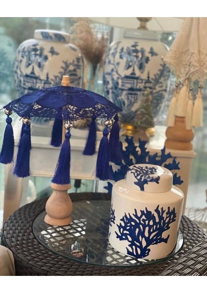 Masaüstü Lacivert Dantelli Dekoratif Sunum Bali Şemsiyesi