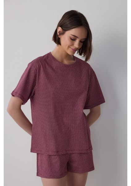 Bordo Freya Ekose Pamuklu Bisiklet Yaka Kısa Kollu Şortlu Pijama Takımı