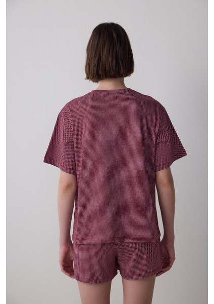 Bordo Freya Ekose Pamuklu Bisiklet Yaka Kısa Kollu Şortlu Pijama Takımı modelleri