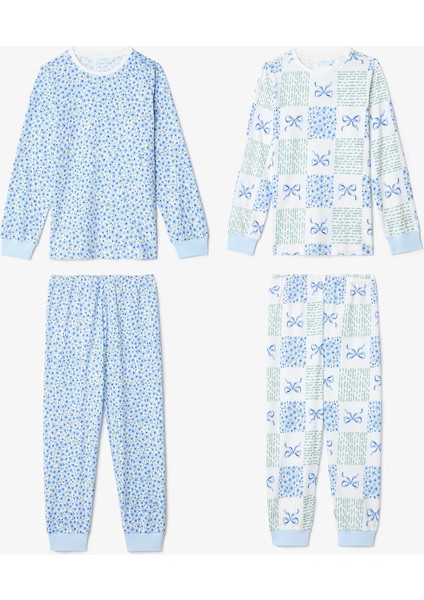 Kırık Beyaz Kız Çocuk Çıtır Çiçek Desenli Uzun Kollu Pamuklu 2'li Pijama Takımı