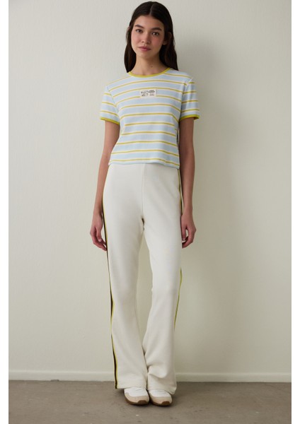 Açık Mavi Bozkır Lalesi Bisiklet Yaka Pamuklu Çizgili Crop Tişört - Inspired by Flora fiyatları