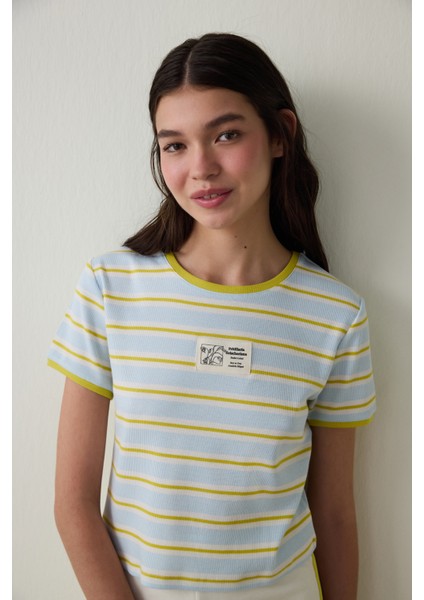 Açık Mavi Bozkır Lalesi Bisiklet Yaka Pamuklu Çizgili Crop Tişört - Inspired by Flora fırsatları