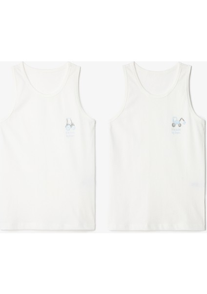 Kırık Beyaz Erkek Çocuk Araba Desenli Kalın Askılı 2'li Pamuklu Atlet