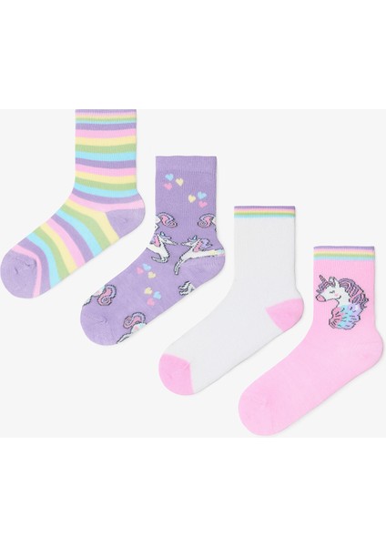 Kız Çocuk Çizgili Unicorn Desenli Pamuklu 4'lü Soket Çorap