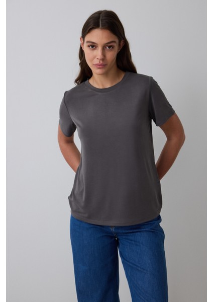 Antrasit Bisiklet Yaka Modal Tişört fırsatları