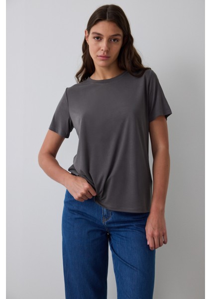 Antrasit Bisiklet Yaka Modal Tişört