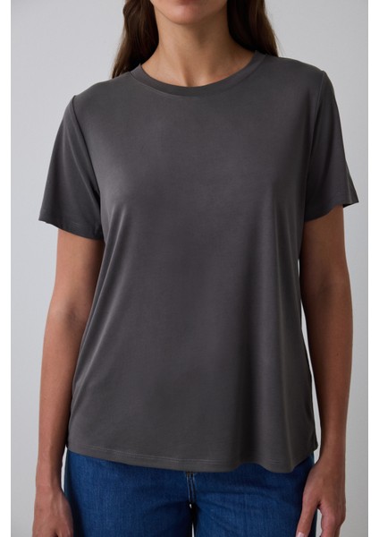 Antrasit Bisiklet Yaka Modal Tişört