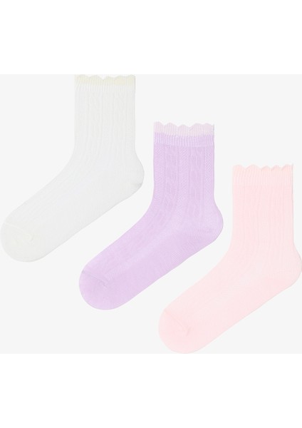 Karışık Renk Kız Çocuk Balıksırtı Desenli Pamuklu 3'lü Soket Çorap